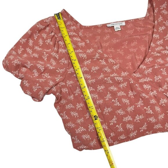 American Eagle Floral Wrap Crop Top Sz.M Coral Puff Sleeve Y2K 90s Romantic - Picture 7 of 9